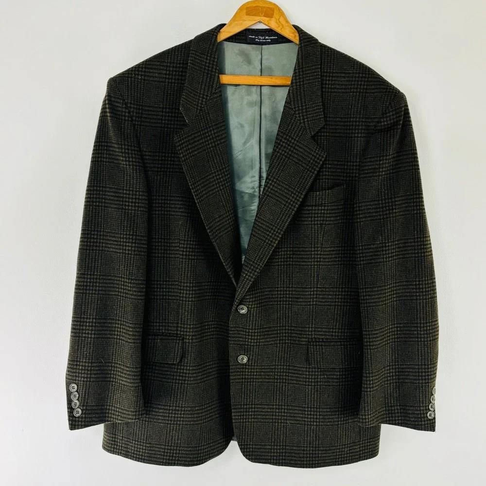Gianfranco Ruffini Italy Plaid Tweed Cashmere Blend Blazer Olive Green Plaid 48